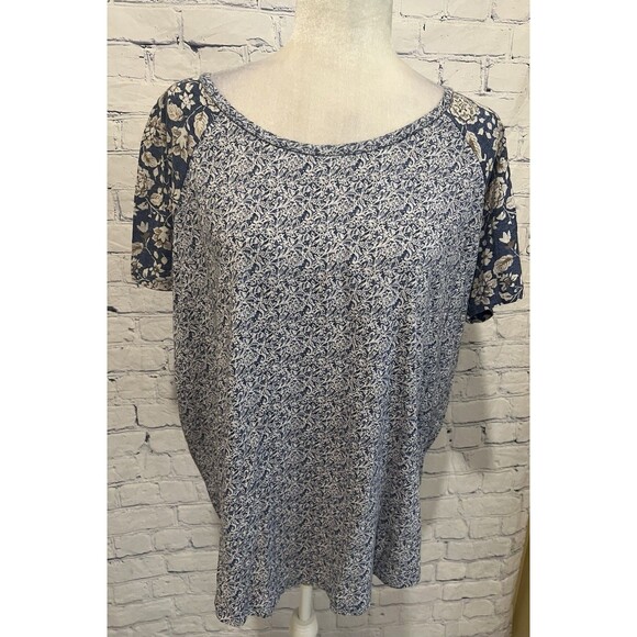 LUCKY BRAND shirt Women Floral Print 1/4 Zip Back Short Sleeve Blue HI-LOW XXL - Picture 1 of 8